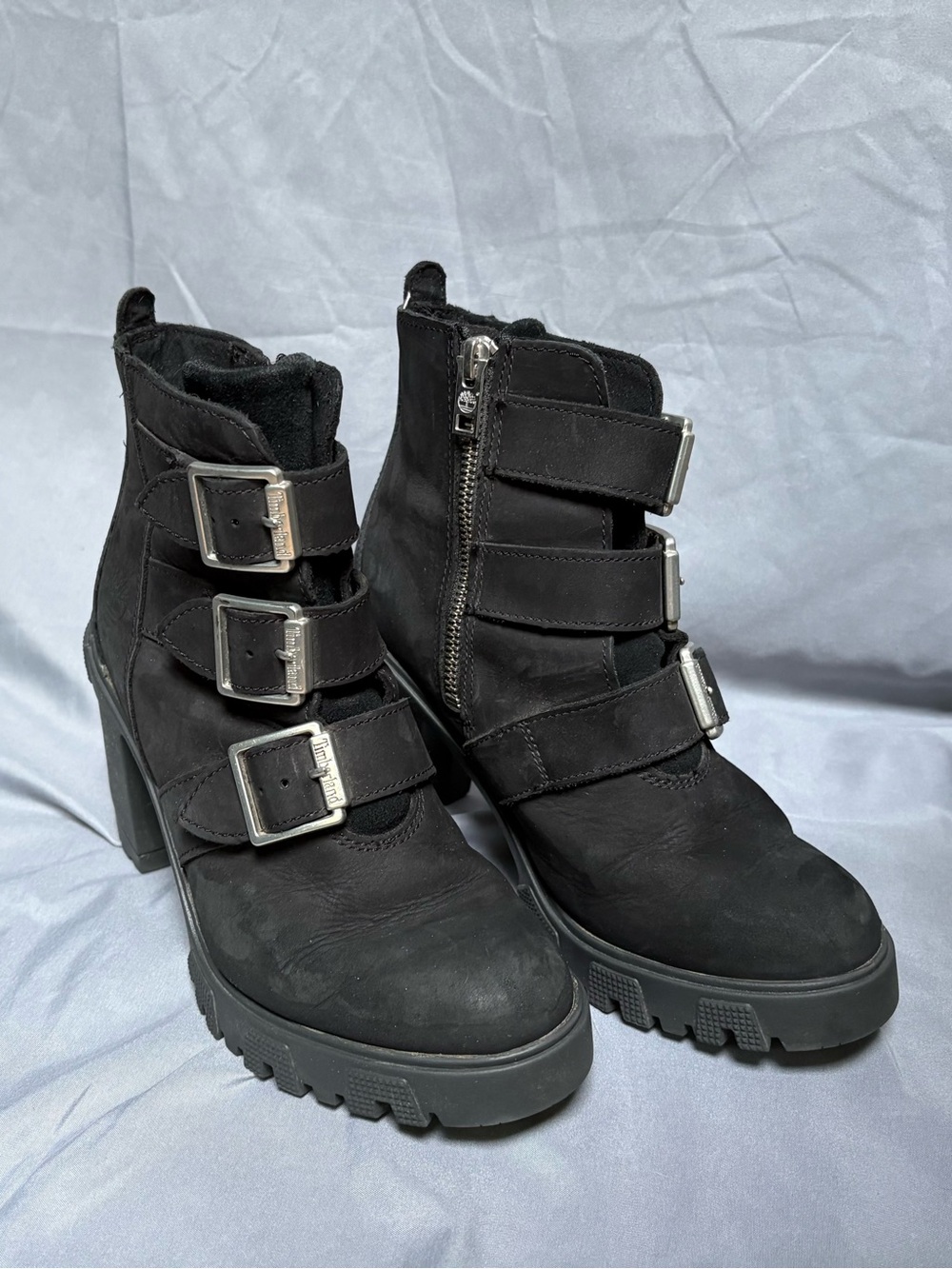 Timberland Nubuck Lana Point Black Buckle Block Heel Boots